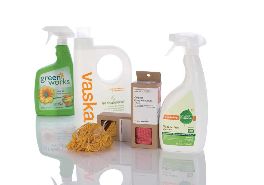 
Vaksa herbatergent liquid detergent, spaghetti scrubbers from Uncommon Goods and Seventh Generation disinfecting multi-surface cleaner.

